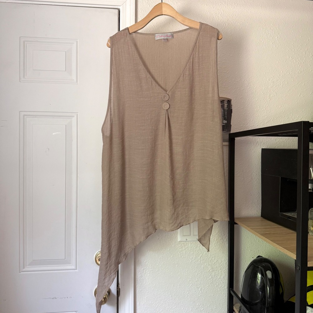 PRETTY ANGEL tan beige linen sheer gauze asymmetrical draped sharkbite tank top